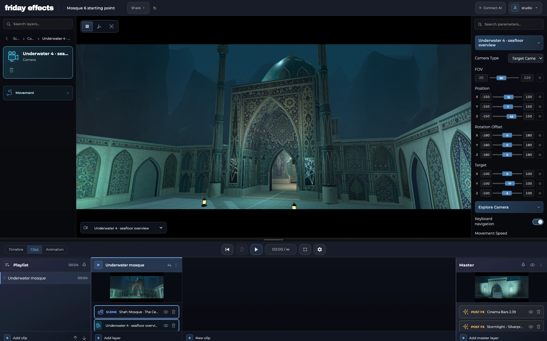 The mosque project from inside its courtyard, with detailed architecture, lighting and native editor camera controls