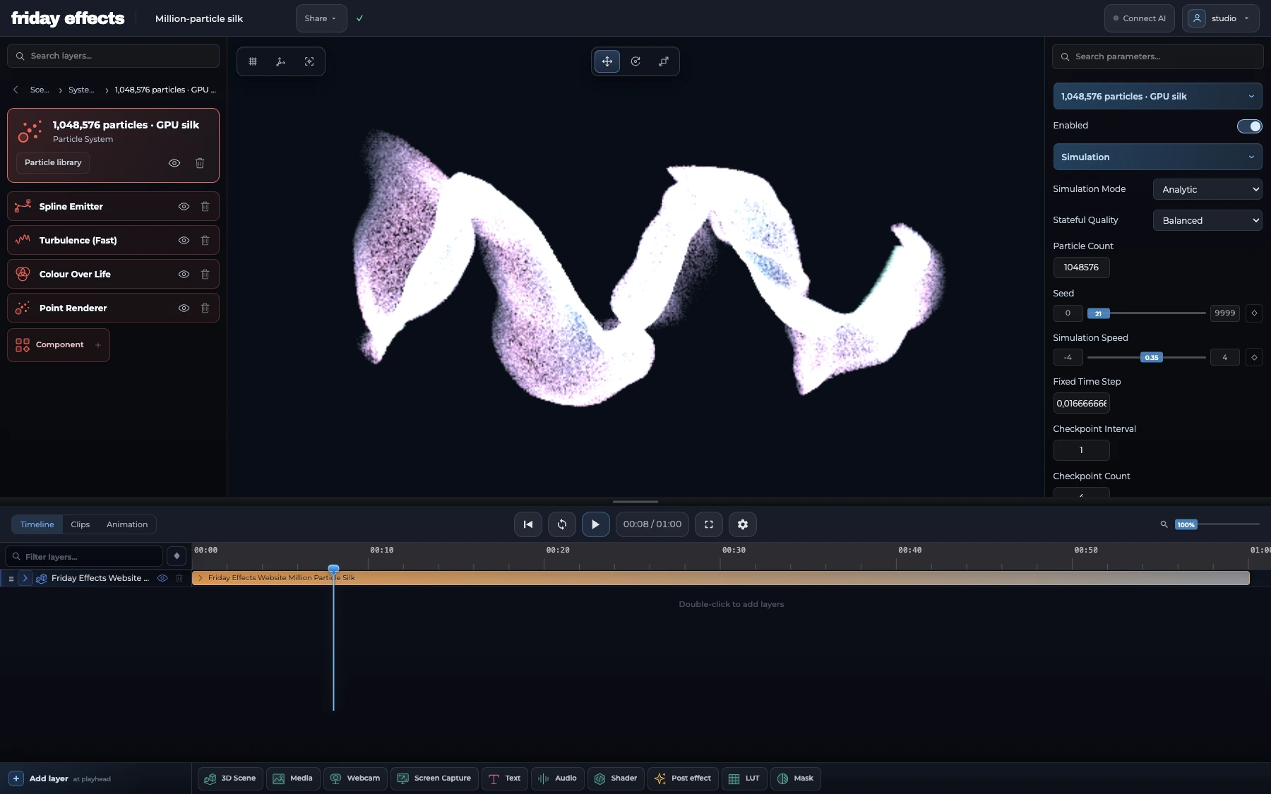 Million-particle silk rendered in the actual editor with GPU particle controls