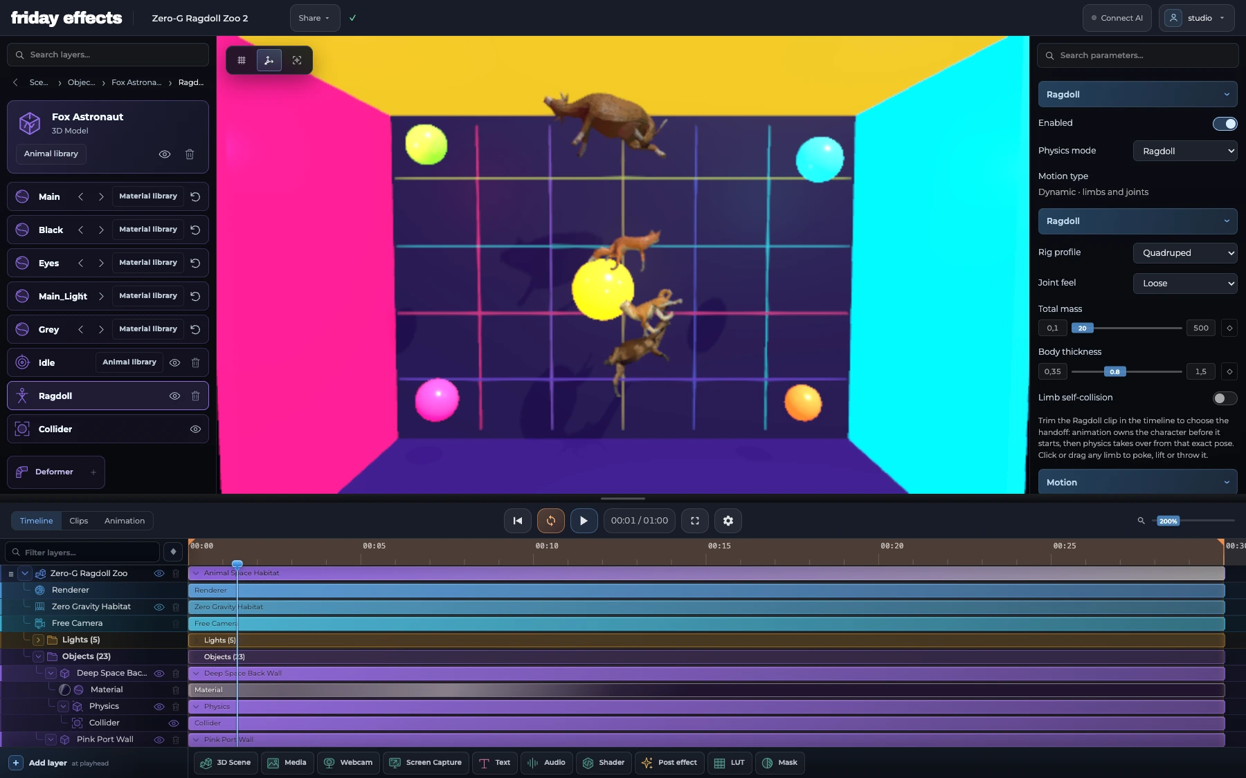 Fox, cow, alpaca and shiba animal ragdolls floating in the native Zero-G Ragdoll Zoo editor project