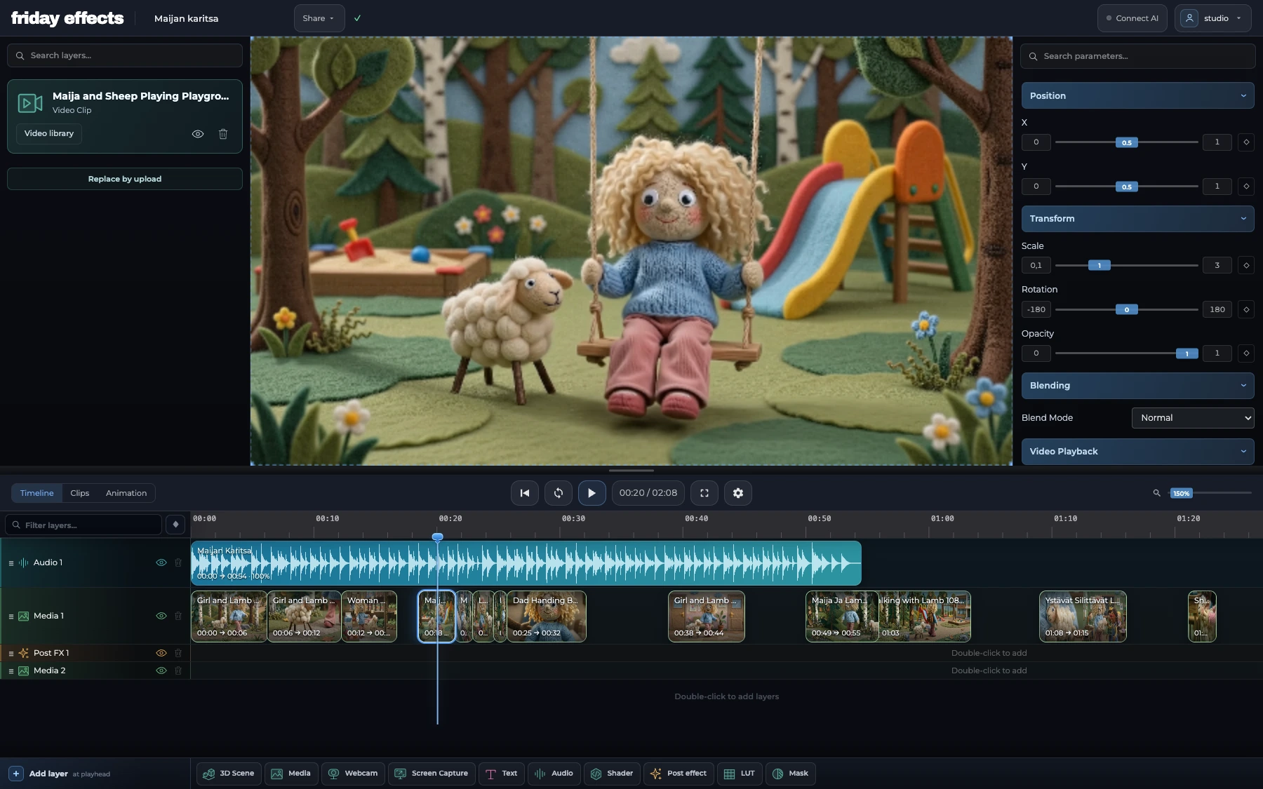 Maijan karitsa in the actual video editor with footage, 13 video clips, audio and clip controls