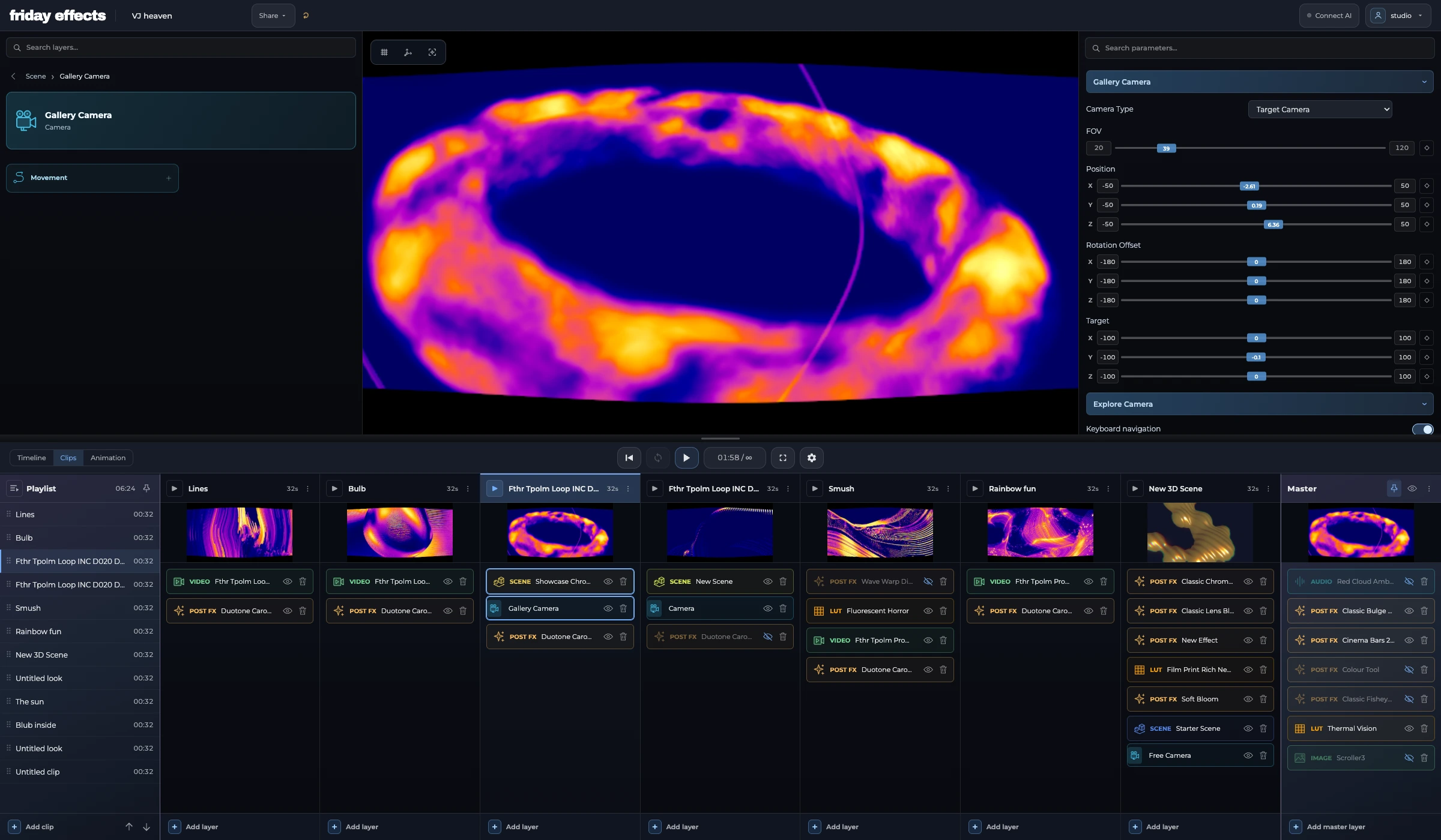 The actual VJ heaven project with seven visible clip columns, playlist, live scene and master effects